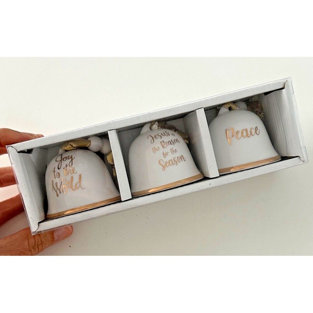 GANZ Christmas Ornament Joy Peace Jesus is the Reason set of 3 Ceramic Bells